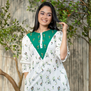 ชุดเดรสผ้าฝ้ายสีงาช้างและสีเขียวสำหรับผู้หญิงที่สง่างาม - Product Image 4
