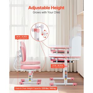 ชุดเฟอร์นิเจอร์สำหรับเด็กเก้าอี้อ่านหนังสือโต๊ะและลิ้นชักปรับระดับได้สีชมพู - Product Image 2
