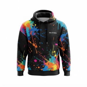 Sweat-shirt à capuche noir pour homme avec imprimé graphique de gouttes de peinture colorées, streetwear personnalisé - Product Image 3