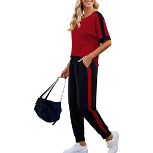 Conjuntos deportivos de verano al por mayor para mujer, conjuntos de dos piezas con franja lateral, top corto informal y pantalones largos, conjuntos deportivos para dama - Product Image 5