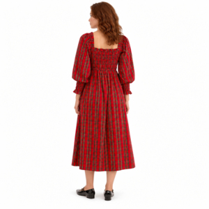 Vestido midi casual de mujer, rojo a cuadros, cuello cuadrado, vintage, manga abullonada, cintura fruncida, corte en A, 100% algodón tejido - Product Image 5