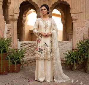 Traje Punjabi de Color Marfil Indio-Pakistaní, Salwar, Gharara, Sharara, Vestido Tradicional de Mujer para Bodas de Invierno, Georgette, Bordado - Product Image 1