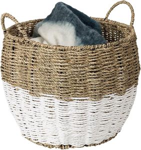 Handmade Round Seagrass Storage <b>Basket</b> with Handles, Two-Tone <b>Woven</b> <b>Basket</b> for Home Organization Made in Vietnam - Product Image 4