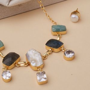 Brass Gold Plated Handcrafted <b>Statement</b> <b>Necklace</b> Natural Stone Geometric Pendant Women's Bohemia Party Jewelry Link Chain Design - Product Image 2