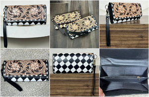 Pochette en cuir de vachette premium à motif damier et gravures, avec dragonne, motif floral, fermeture éclair et porte-cartes multiples pour femme - Product Image 3