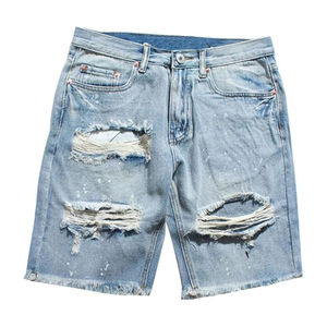 Men's Mid Waist <b>Denim</b> Bermuda Shorts Solid Color Cotton Ripped Design Casual Style Woven <b>Material</b> Button Fly - Product Image 1