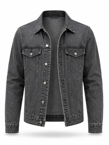Veste en jean grise pour homme, fermeture boutonnée, coupe classique, délavée, style décontracté, pour l'automne, tissu 100% coton tissé - Product Image 4