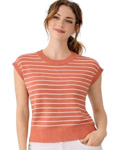 Gilet pull sans manches en tricot léger à rayures corail pour femme, col rond, décontracté, mode estivale - Product Image 1