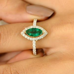 18K Solid Gold Marquise Emerald Diamond Halo Wedding <b>Ring</b> <b>Resizable</b> - Product Image 1