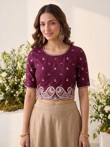 Sari en soie marron avec bordure florale brodée, tenue de mariage indienne traditionnelle pour femmes - Product Image 5