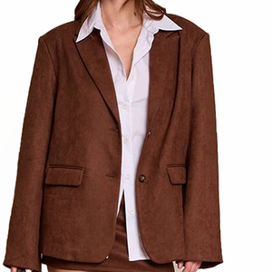 Blazer en cuir suédé marron sur mesure pour femme, en peau de mouton véritable, coupe ajustée, revers, manches longues, style bureau, mode homme, vente en gros OEM - Product Image 3
