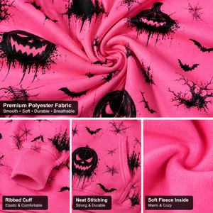 Sudadera con capucha rosa personalizada de Halloween con cremallera completa y estampado integral de calabazas, murciélagos, telarañas y castillos embrujados, sudadera extragrande para mujer - Product Image 5