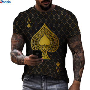 Camiseta con Estampado de Sublimación, Camiseta Negra con Estampado de As de Espadas Dorado para Hombre, Manga Corta, Cuello Redondo, Informal, Talla Grande, Poliéster Tejido - Product Image 1