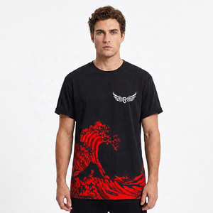 Men's Black <b>T</b>-<b>Shirt</b> With Great Wave Print Short Sleeve O-Neck Casual Jersey Cotton Regular Fit Breathable Design - Product Image 3