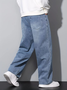 Men's Classic Wide-Leg Denim Jeans | Relaxed Fit <b>Light</b> Wash Baggy Cotton <b>Trousers</b> | Casual Straight Leg Streetwear Blue Jeans - Product Image 3