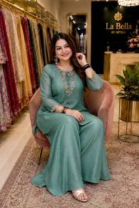 Ensemble indien pakistanais brodé vert à manches longues Kurta Palazzo pour femmes, vêtements de détente - Product Image 3