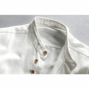 Chemise décontractée pour hommes en lin et coton, col montant, légère, respirante, à boutons - Product Image 5