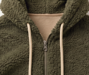 Veste à capuche en polaire vert olive pour homme, fermeture éclair, style décontracté, vêtement d'automne, coupe classique, doublure en sherpa, épaisse et chaude - Product Image 4