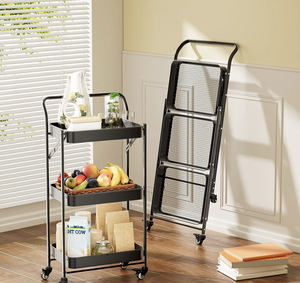 Multi-Function 3-Tier Kitchen Cart With Wheels Black Metal Storage Organizer For Freestanding Use In Kitchen - Product Image 1