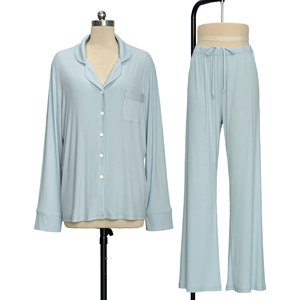 Ensemble de pyjama décontracté pour femmes, bleu clair, manches longues, vêtements de nuit classiques en coton doux, taille élastique, couleur unie - Product Image 3