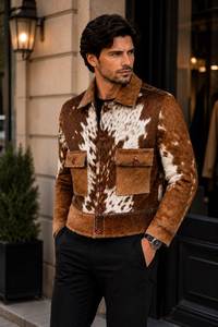 Chaqueta de Cuero Genuino para Hombre, Estilo Motero, con Cuello Camisero, Cierre de Cremallera, Estampado Animal, para Invierno - Product Image 4