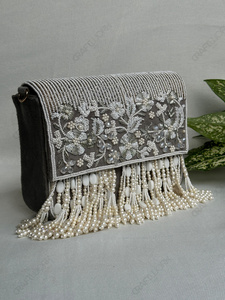 Bolso de mano de lujo con flecos de perlas para novia, diseño floral de cristal con cuentas, para recepción de boda, alta costura para mujer - Product Image 3
