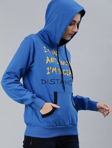 Sudadera con Capucha Azul para Mujer, con Estampado de Letras, Corte Regular, Tejido de Algodón, Estilo Casual Otoñal - Product Image 4