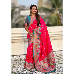 Sari en soie Darbari rose tissé avec des fils Zari, vêtements indiens et pakistanais avec une touche élégante de pashmina, tissages d'élite 700g - Product Image 1