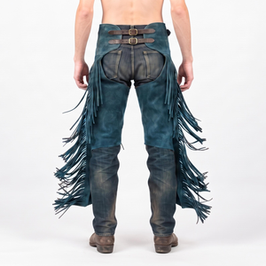 Pantalones de montar de cuero genuino para hombre, estilo western, de talle alto, ajuste regular, con flecos y cierre de hebilla - Product Image 4