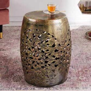 Asian Antique Metal Drum Coffee Table 14x18 Inch Carved Openwork Side Accent Table <b>for</b> Living Room - Product Image 5
