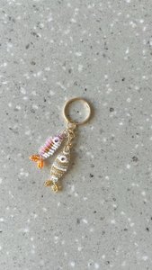 Handmade Pink Orange Gold Beaded Fish Bag Charm <b>Keychain</b> - Product Image 1