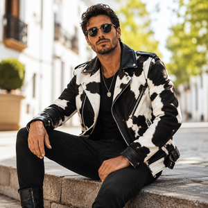 Blouson de moto en cuir véritable pour homme LEATHER SPOT, en cuir de vachette à poils, respirant, coupe-vent, élégant, style western décontracté, à carreaux, avec fermeture éclair - Product Image 3