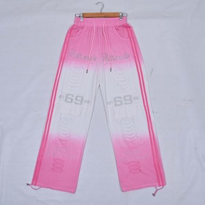 Gradient Color Wide Leg <b>Pants</b> Women Casual Loose Fit Drawstring Rhinestone Full Length Knitted Breathable <b>Summer</b> <b>Pants</b> Pockets - Product Image 1