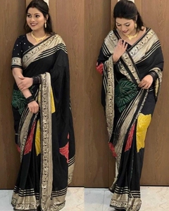 Sari en soie pure tissée à imprimé floral sans plis réversible pour femme KV (noir) pour mariage/fête - Product Image 5