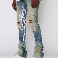 Jean en denim vintage personnalisé, coupe slim haute, déchiré, imprimé, automne-hiver, pour homme, pantalon évasé, vente en gros, léger, formel