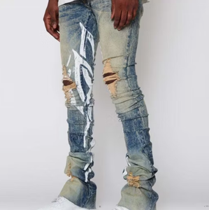 Pantalones Vaqueros Apilados Vintage Personalizados al por Mayor, Jeans Apilados Rasgados con Estampados de Corte Ajustado para Hombre, Jeans Acampanados - Product Image 2