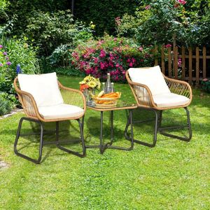 Ensemble bistrot de jardin 3 pièces avec 2 chaises en rotin et table basse carrée en verre - Product Image 2
