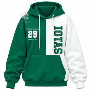 Iota Phi Lambda <b>Women's</b> Green <b>White</b> Color Block <b>Hoodie</b> Greek Letter Embroidered Drawstring Hood Kangaroo Pocket Pullover - Product Image 1