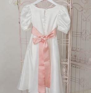 Luxury & Comfiest White Quarter Sleeves White Wedding Gown With Beautiful Pink Sash & Full Skirt Crafted From Soft Satin Fabric - Product Image 4
