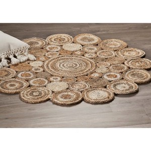 Handcrafted Jute Round Area Rug Bohemian Patchwork Style Flat Weave Living Room Use Spot Clean <b>Thin</b> Pile - Product Image 2