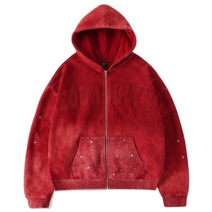 Sweat à capuche surdimensionné personnalisé avec strass, effet délavé, tissu 100% coton, style décontracté ou streetwear, fermeture éclair, unisexe - Product Image 4