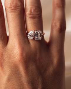 14k Gold F VS2 Emerald & Pear Cut Lab Grown Diamond Toi Et Moi Ring IGI Certified Prong Sett Diamond Two <b>Stone</b> Engagement Ring - Product Image 5