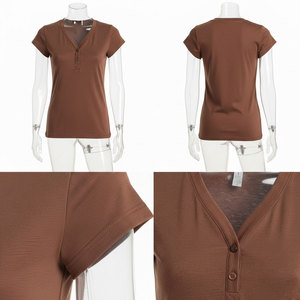 Chemise décontractée à manches courtes pour femme, col rond, style Henley, boutonnée, nouvelle mode, vente en gros - Product Image 6