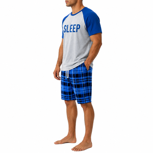 Ensemble de pyjama décontracté Fasmic International pour homme, en coton 100% respirant, à manches courtes, à carreaux bleus, avec poches, pour l'hiver - Product Image 4