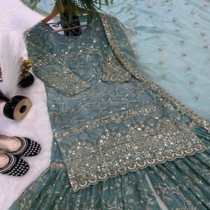 Ensemble Kurta Sharara en soie pour femme VASTRA COTTAGE avec dupatta, broderie de sequins, tenue de fête, costume ethnique - Product Image 5