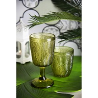 Juego de 6 Copas Duraderas Hechas a Mano, con Relieve, 30 cl (10 fl oz), Color Verde Tropical Exótico, de Vidrio con Diseño de Hoja de Excelsa