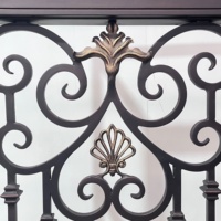 Porte d'entrée en fer forgé résistant à la rouille, facile à assembler, avec un panneau en verre cintré et un motif complexe.