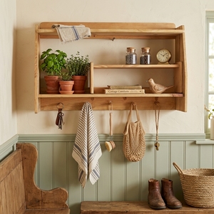 Étagère murale en bois asymétrique à niveaux, présentoir avec crochets de suspension inférieurs, organisateur flottant pour entrée et cuisine - Product Image 4