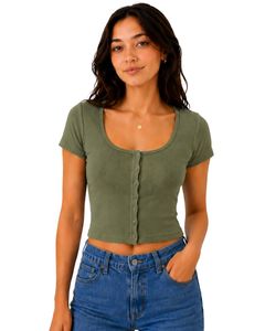 Top Corto de Punto Acanalado Verde Oliva para Mujer, Manga Corta, Cierre de Botones al Frente, Corte Ajustado, Cuello Cuadrado, Blusa Informal de Verano de Algodón - Product Image 1