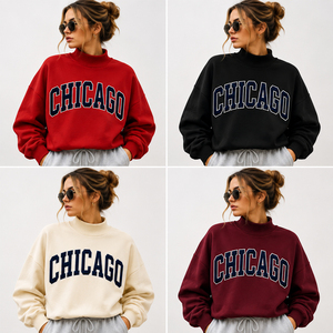 Custom Chicago Turtleneck Sweatshirt 350GSM Heavyweight Fleece College Campus Game Day Outfits <b>Chenille</b> Patchwork <b>Jumper</b> - Product Image 3